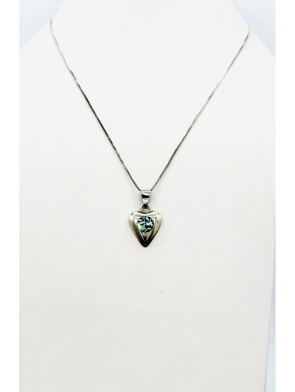 Sterling silver chain solid silver heart has circle of abalone shell pendant